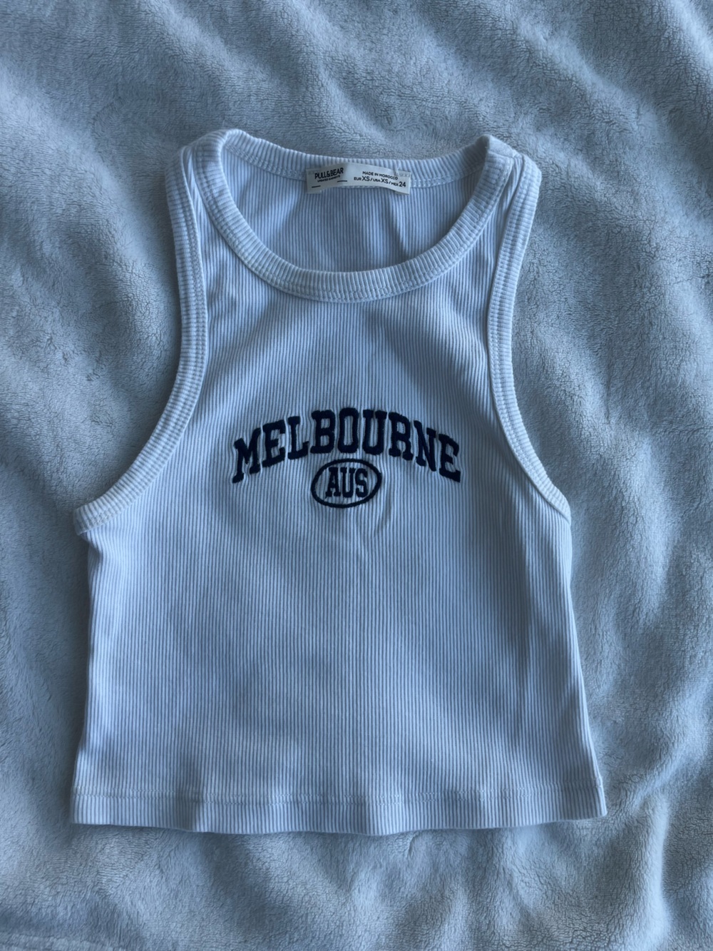 Pull&Bear White Ribbed Tank Top with Navy 'Melbourne' Graphic